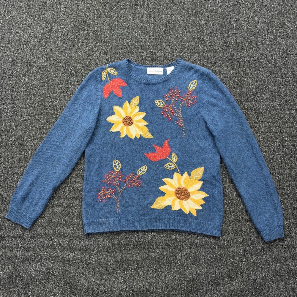 Alfred Dunner Sunflower Embroidered Beaded Sweater Womens Small Blue grandma